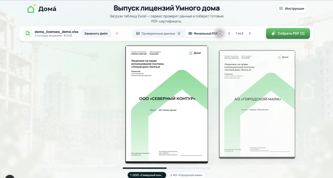 Предпросмотр двух лицензий в сервисе после проверки данных
